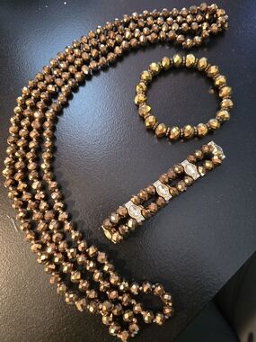 Faceted Metallic Bronze Necklace, Bracelet & Stretch Bracelet Set